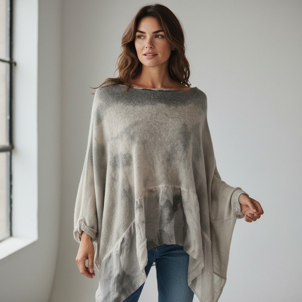 Cherishh Made Italy Poncho Sweater Grey Tie Dye Sequin Trim OS
Boho Lagenlook